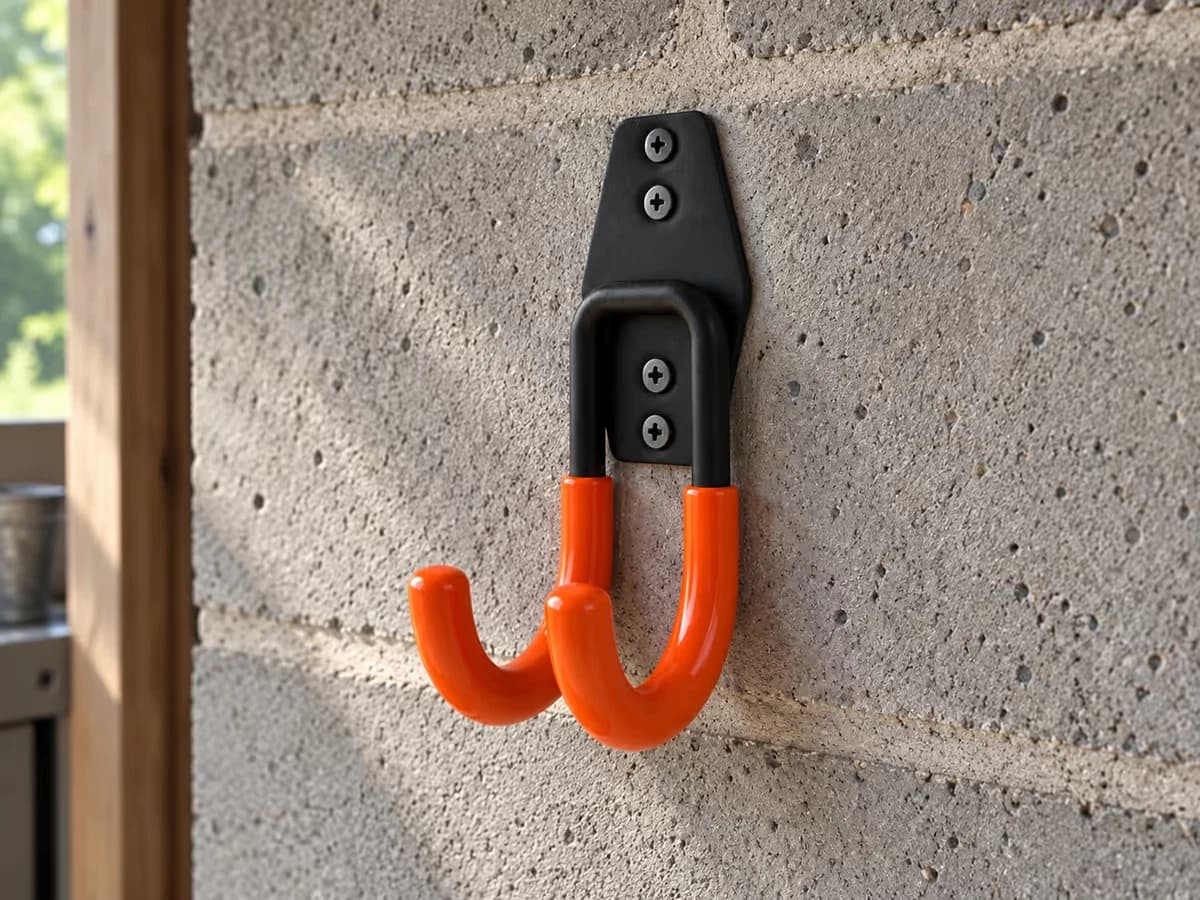 Une platine de crochet mural vissée sur un mur de parpaing, quatre vis en place