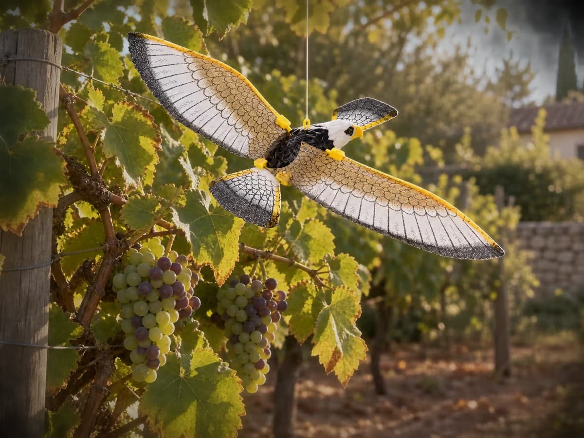 Grappes de raisin qui commencent à se colorer sous un rapace factice suspendu à un fil, lumière de fin d'après-midi