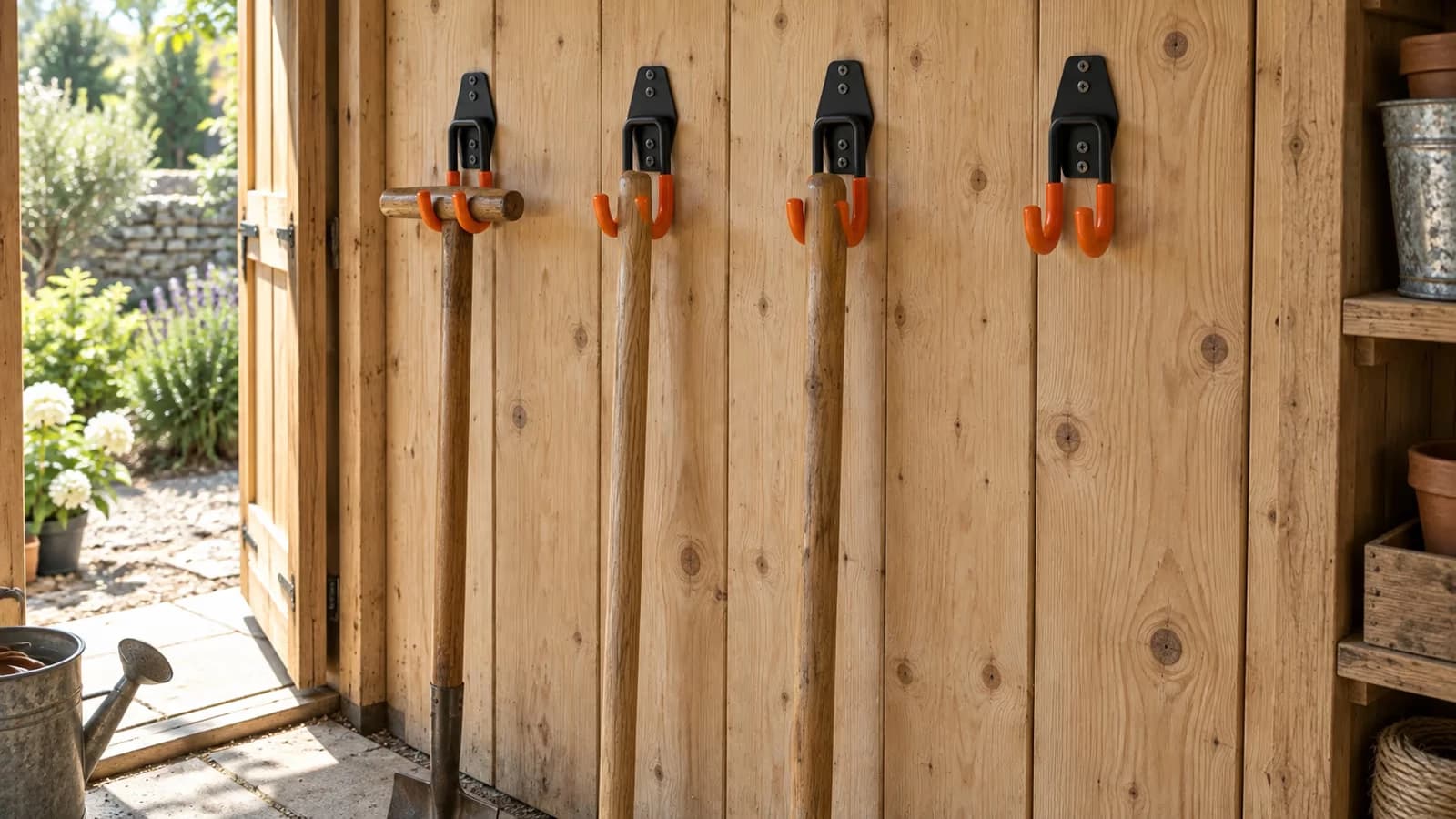 Une ligne de crochets muraux noirs sur le mur d'un abri de jardin, avec trois manches d'outils longs suspendus