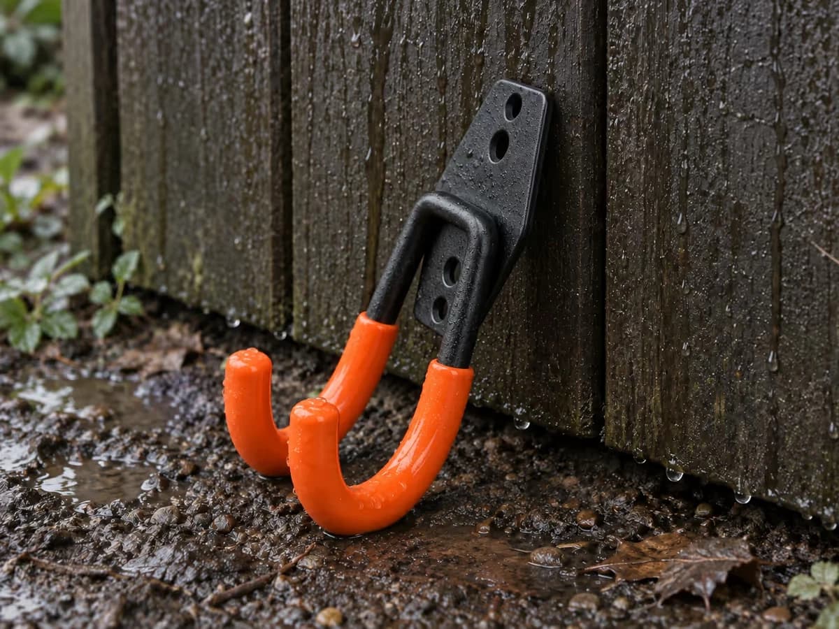 Bardage de bois d'un abri de jardin ruisselant après la pluie, un crochet posé contre le mur sans être vissé