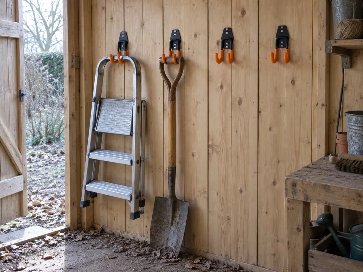 Mur de bois d'un abri en hiver, quatre crochets noirs alignés, une échelle et un manche de bêche suspendus