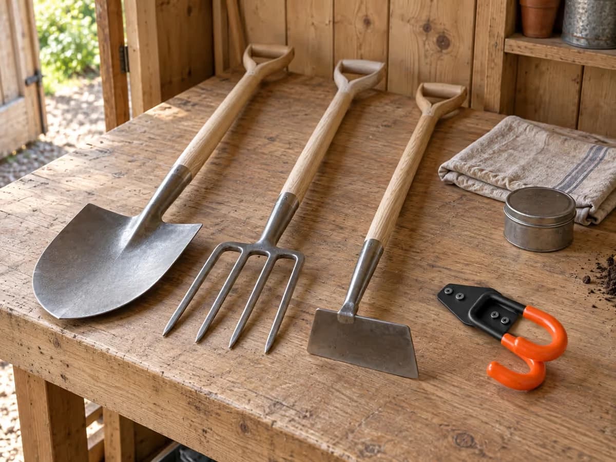 Trois outils de jardin lavés et essuyés posés sur un établi d'abri, lames propres et manches secs