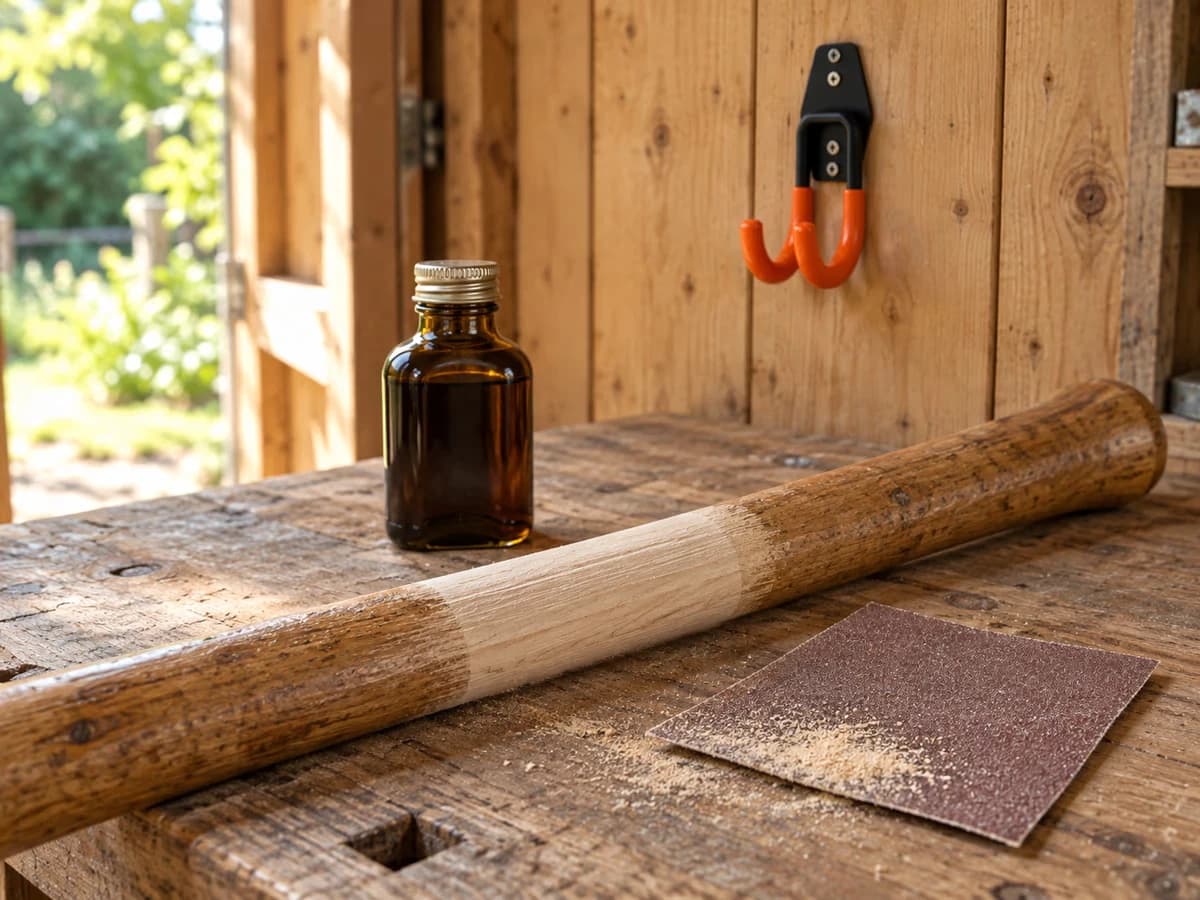 Un manche en bois poncé au grain moyen avant une couche d'huile de lin