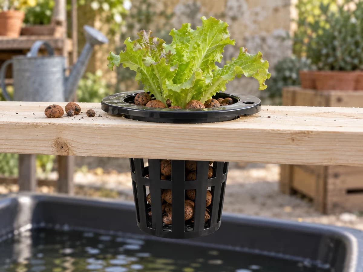 Rebord plat d'un panier de culture noir en appui sur le pourtour d'une ouverture découpée dans une planche claire, corps ajouré visible en dessous