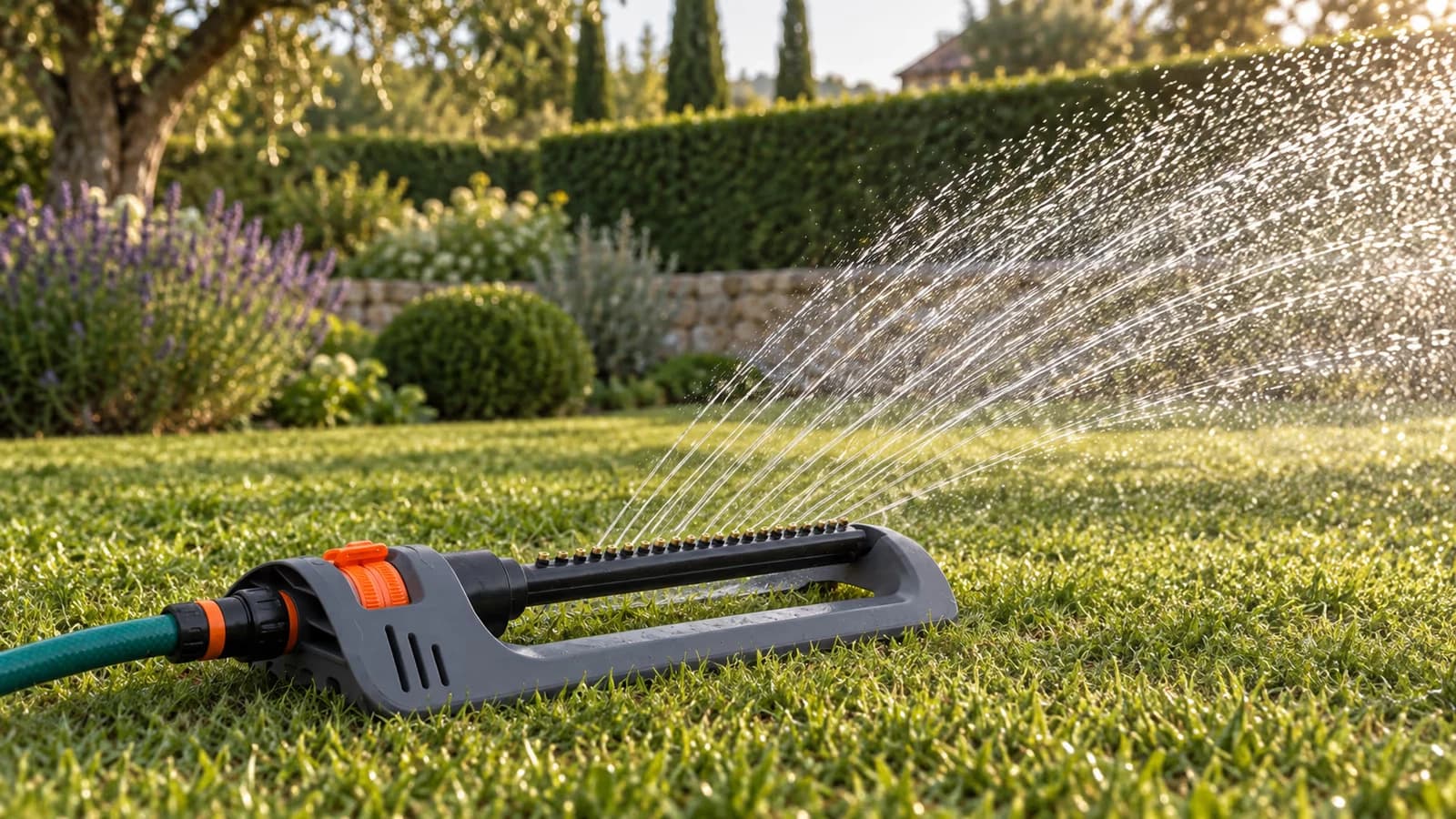 Arroseur oscillant à rampe laiton en eau sur une pelouse tondue, nappe de gouttes en éventail au-dessus de l'herbe