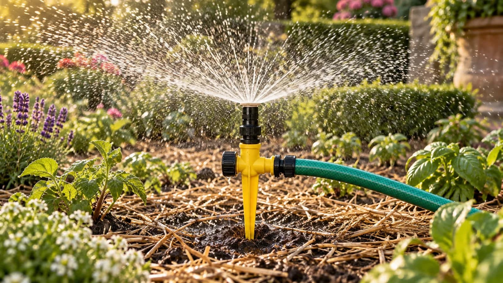Arroseur rotatif sur piquet en eau au milieu d'un massif paillé, jet en couronne au-dessus des jeunes plants