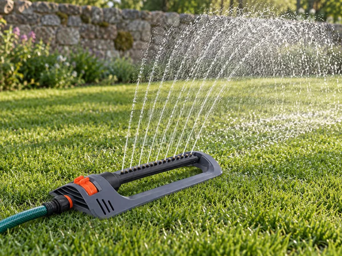 Arroseur oscillant posé sur une pelouse tondue le long d'un muret, barre à buses en laiton en eau sur une bande rectangulaire