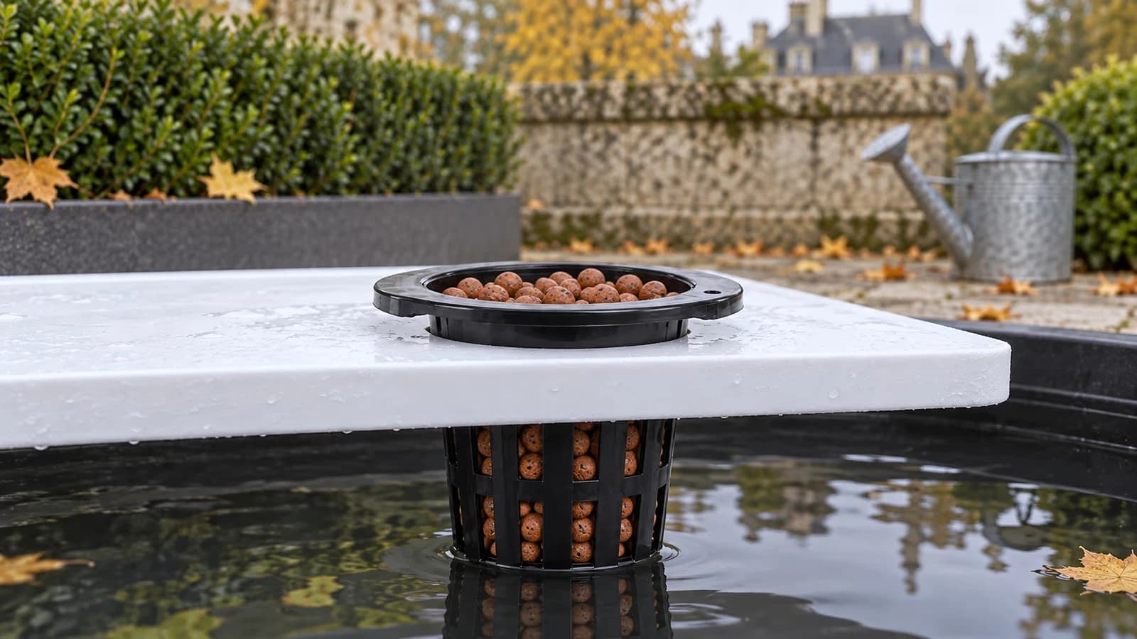 Panier en maille noire garni de billes d'argile au-dessus d'une ouverture de culture blanche, rebord plat posé sur le pourtour