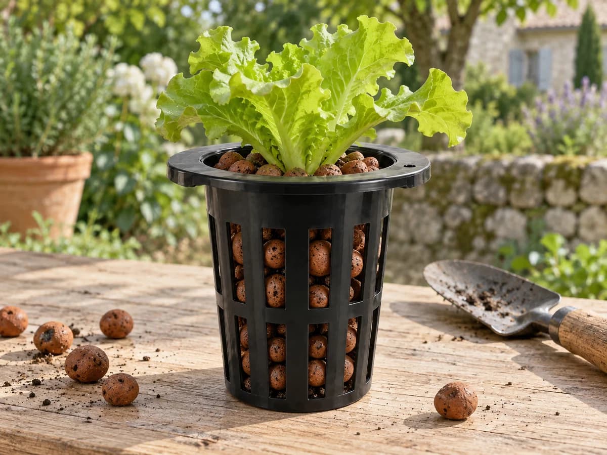 Motte de jeune laitue posée au centre d'un panier en maille noire rempli de billes d'argile, collet affleurant le rebord plat