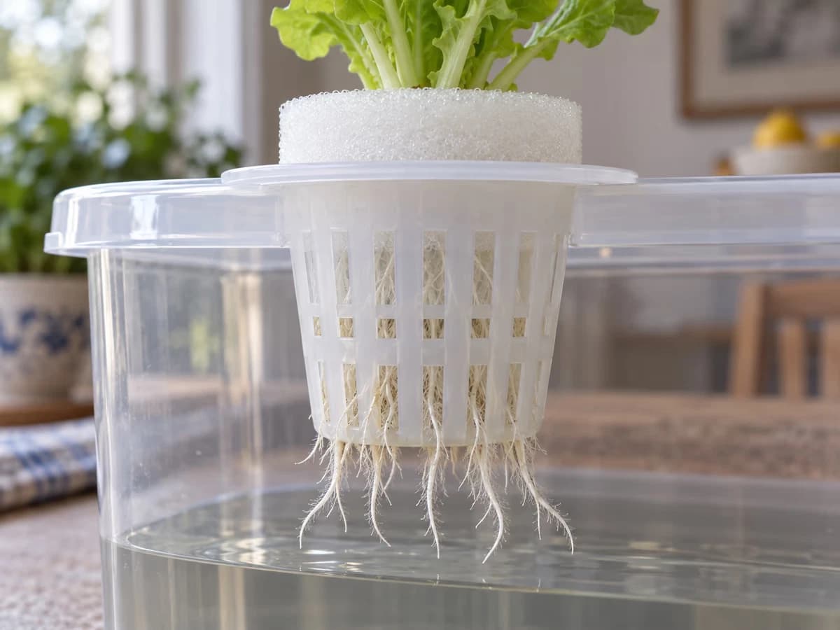 Racines blanches sortant des fentes verticales d'un godet en filet translucide posé dans un couvercle de bac