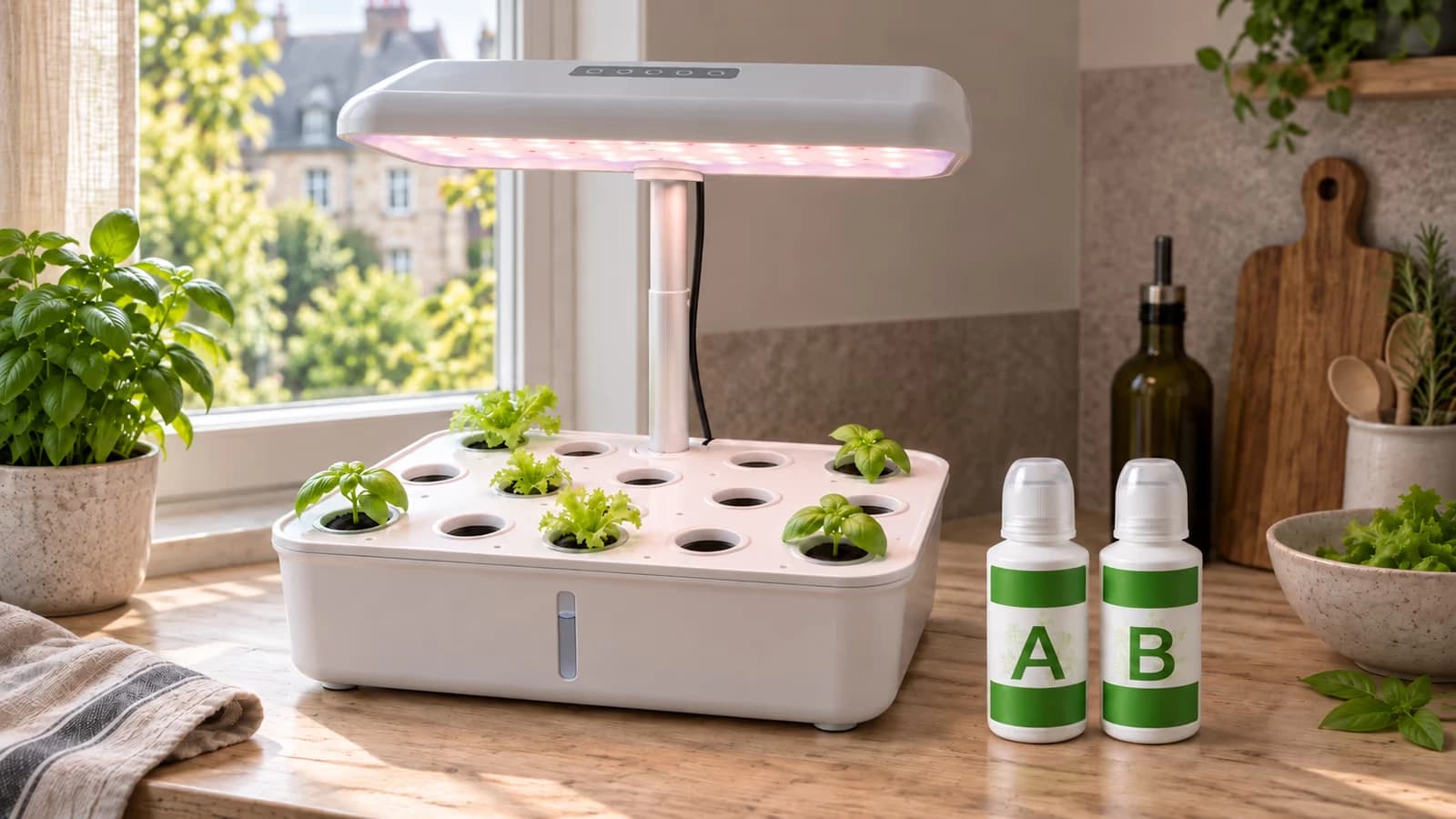 Bac de culture hors sol garni de plants devant une fenêtre, niveau d'eau visible sur la paroi, deux flacons A et B debout à côté