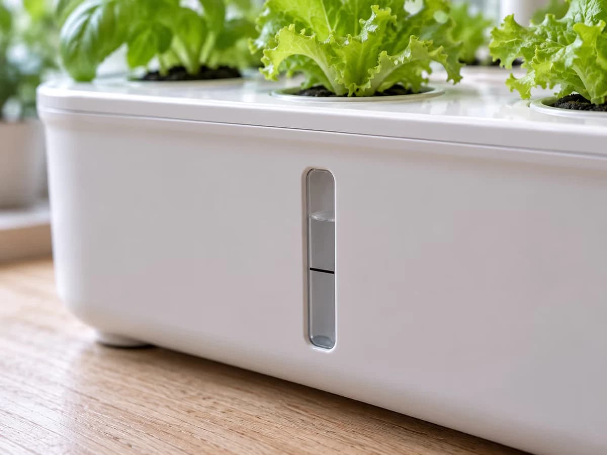Un trait de feutre marque le niveau de départ sur la paroi translucide d'un bac de culture garni de plants, eau claire