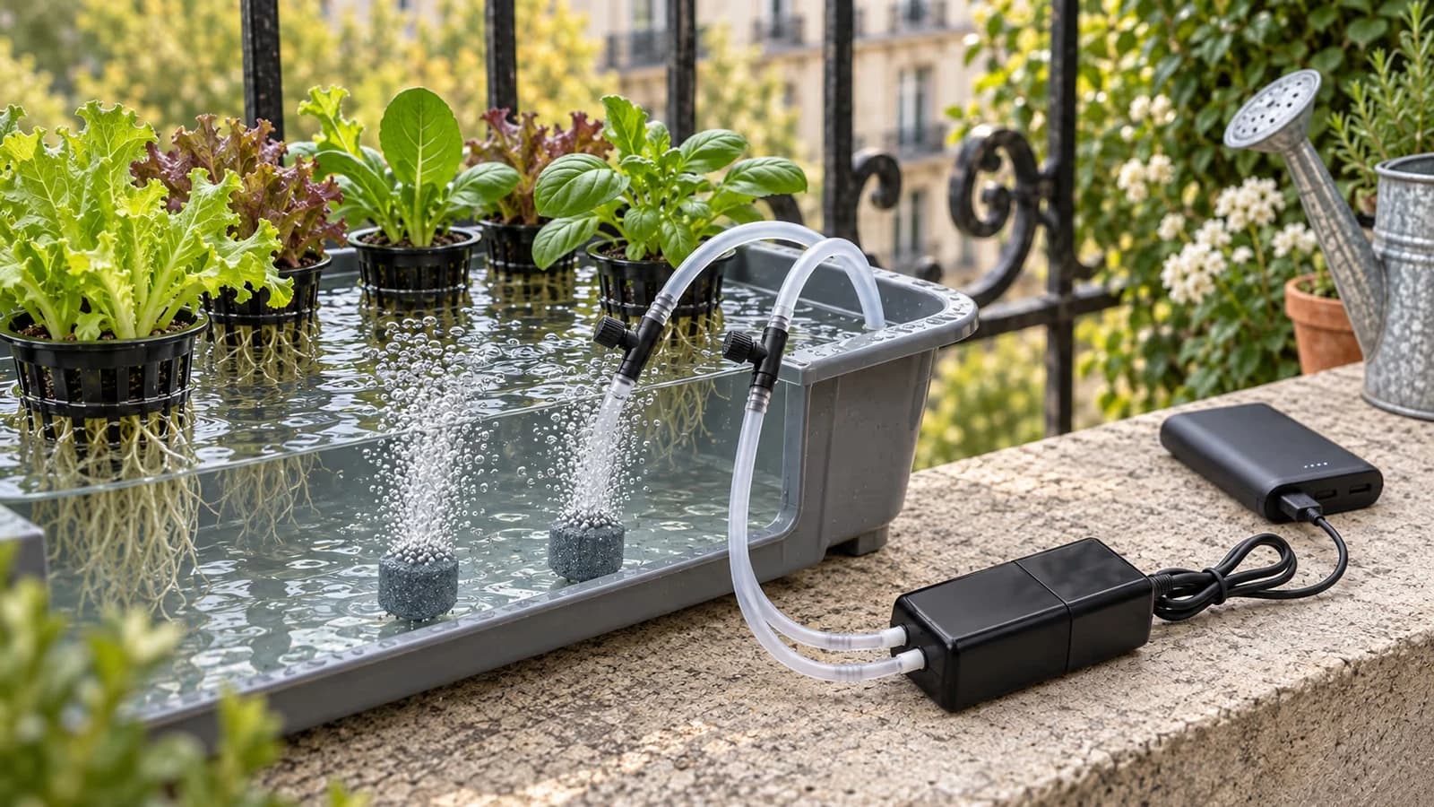 Petite pompe à air posée au bord d'un bac de culture hydroponique, deux tuyaux souples plongeant vers deux pierres diffusantes sous des laitues