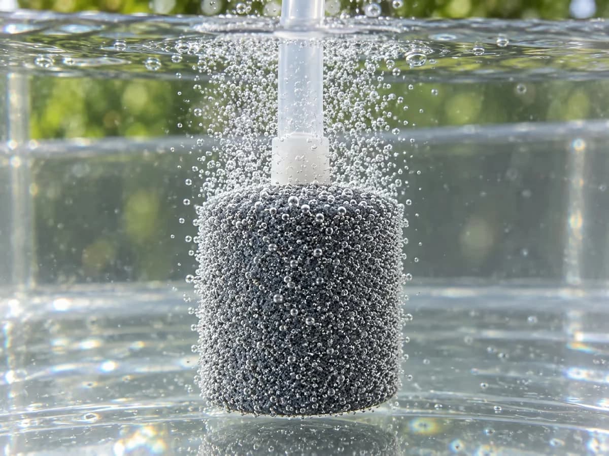 Gros plan sur une pierre diffusante grise immergée, surface entièrement couverte d'un rideau régulier de bulles fines, paroi du bac en arrière-plan