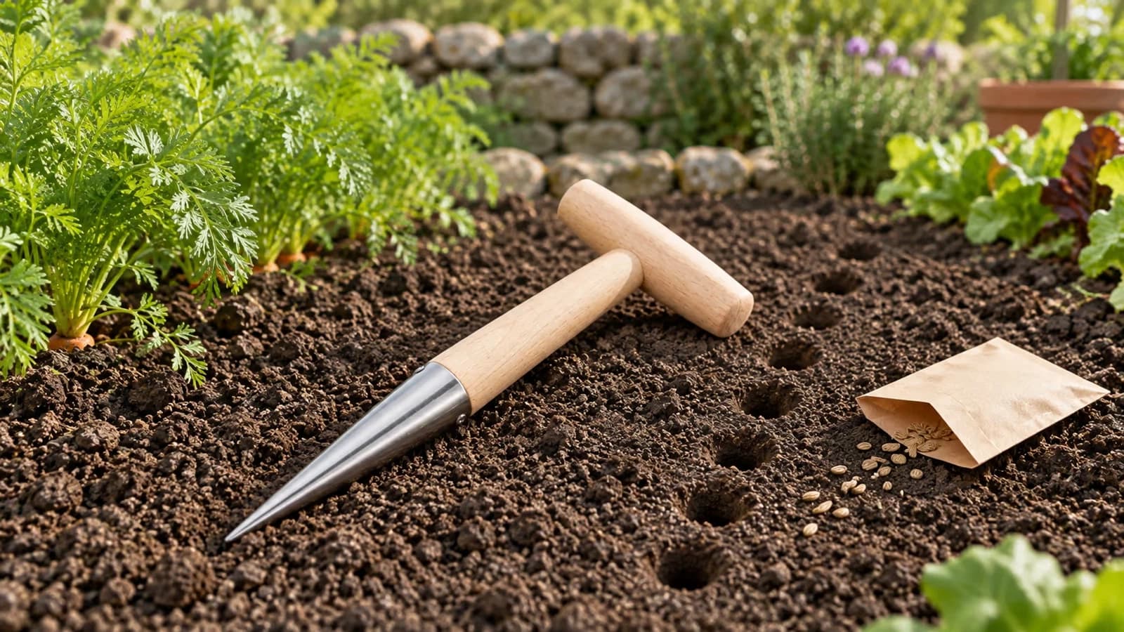Plantoir à main posé en travers d'une planche de terre fine, à côté d'un rang de trous et d'un sachet de graines de carotte