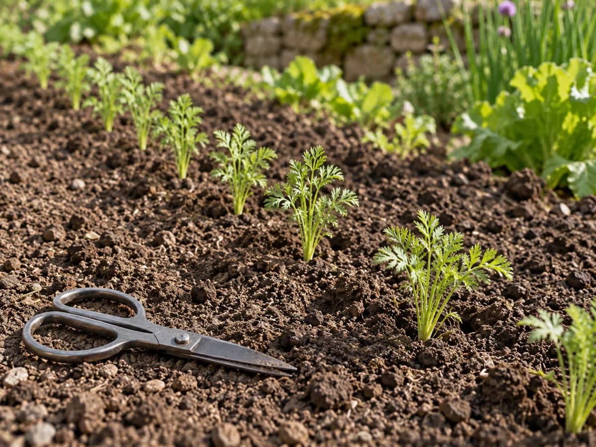 Jeune rang de carottes éclairci, plants conservés espacés, à côté d'une paire de ciseaux posée sur la terre