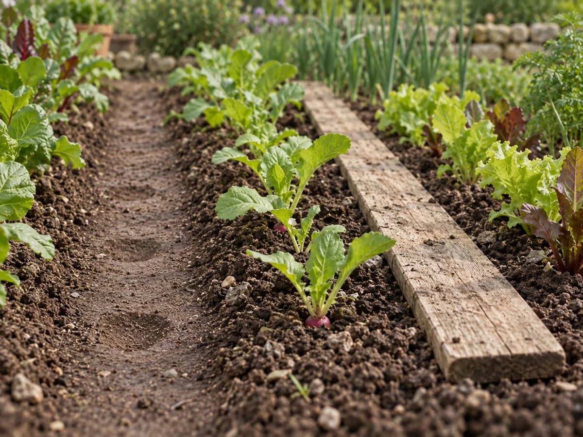 Planche de potager tassée sur un passage entre deux rangs, à côté d'une planche de bois posée au sol