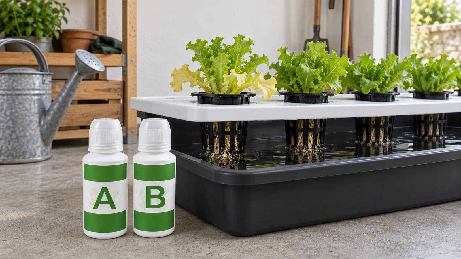 Deux flacons blancs de solution nutritive A et B debout devant un bac hydroponique dont une laitue jaunit par le bas