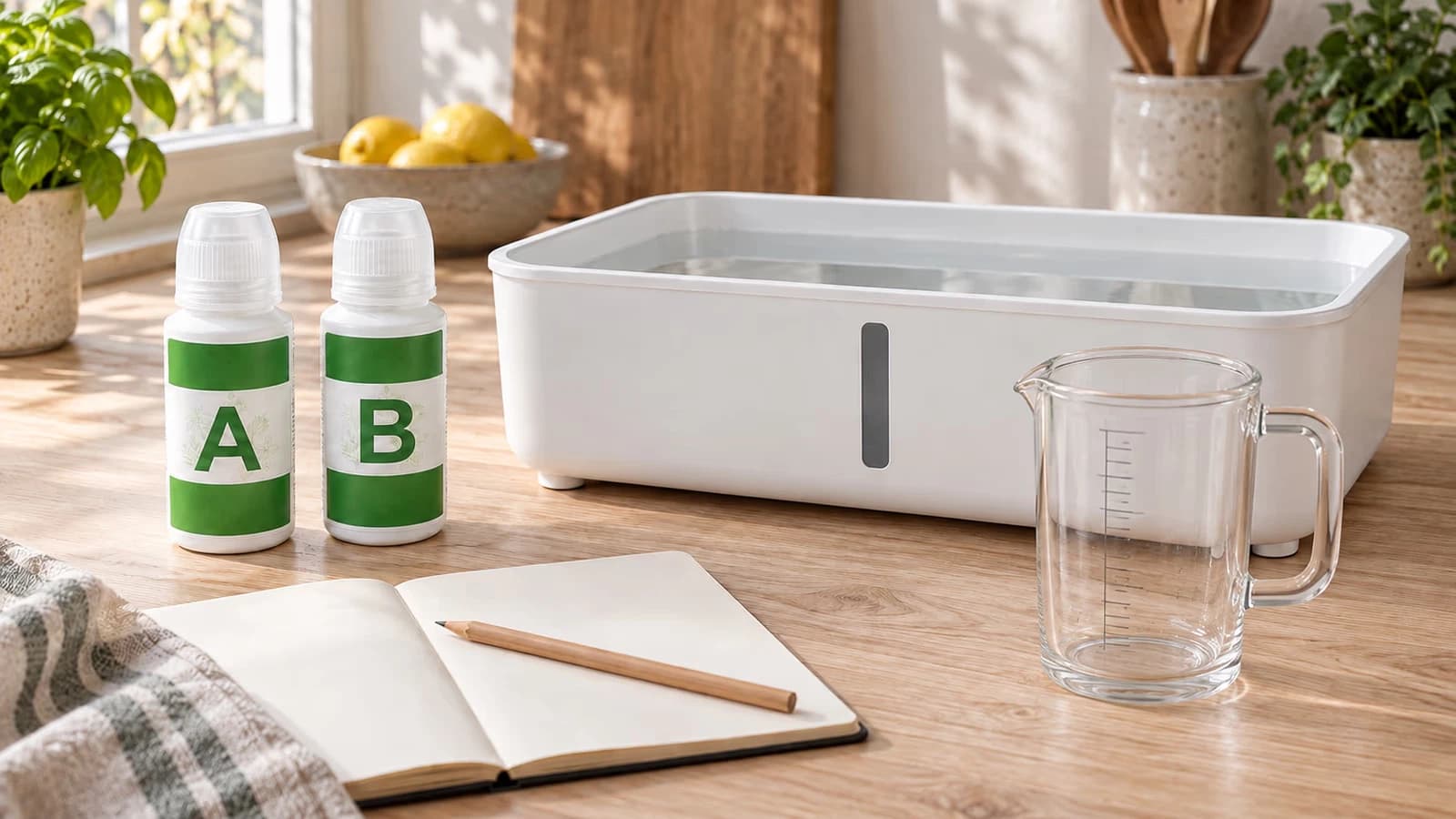 Bac hydroponique rempli d'eau posé sur un plan de travail, deux flacons A et B debout à côté, verre doseur et carnet ouverts devant