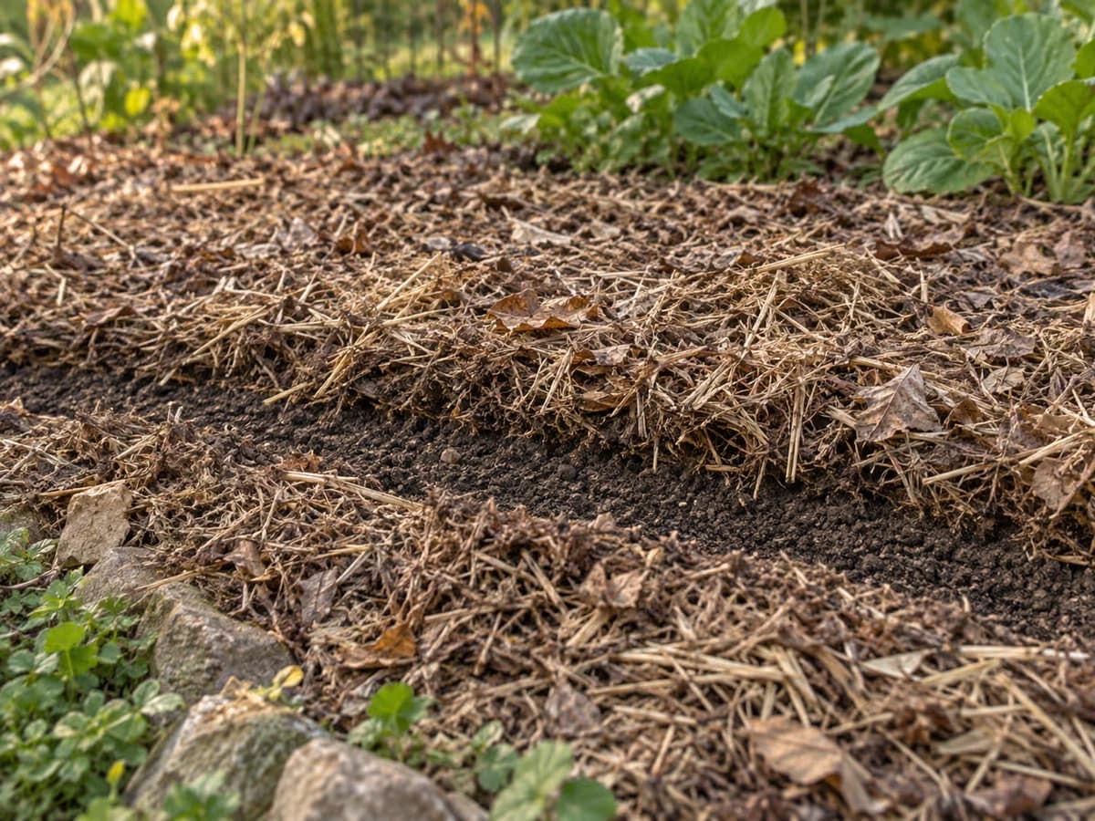 Planche de potager couverte d'un paillage organique épais, terre fine visible au pied d'un rang de semis