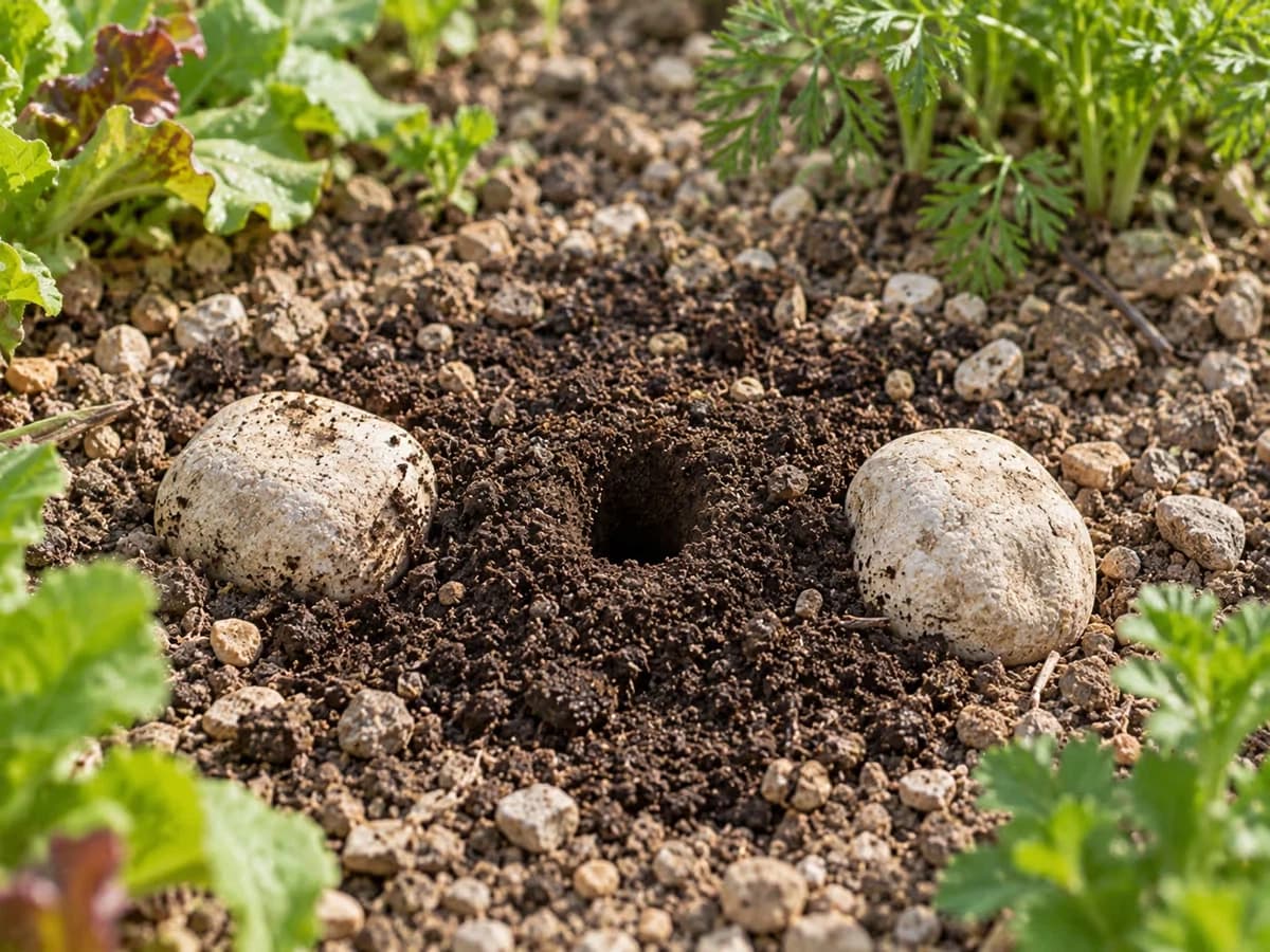 Trou de plantoir ouvert dans une terre graveleuse entre deux cailloux, entouré de terre fine ramenée à la main