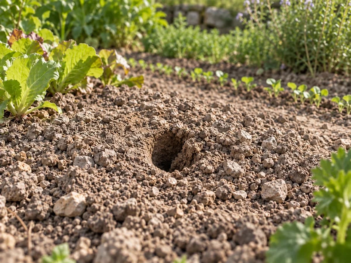 Rang de potager sur une terre sèche laissée en mottes, avec un trou de plantoir ouvert de biais et effrité sur le côté