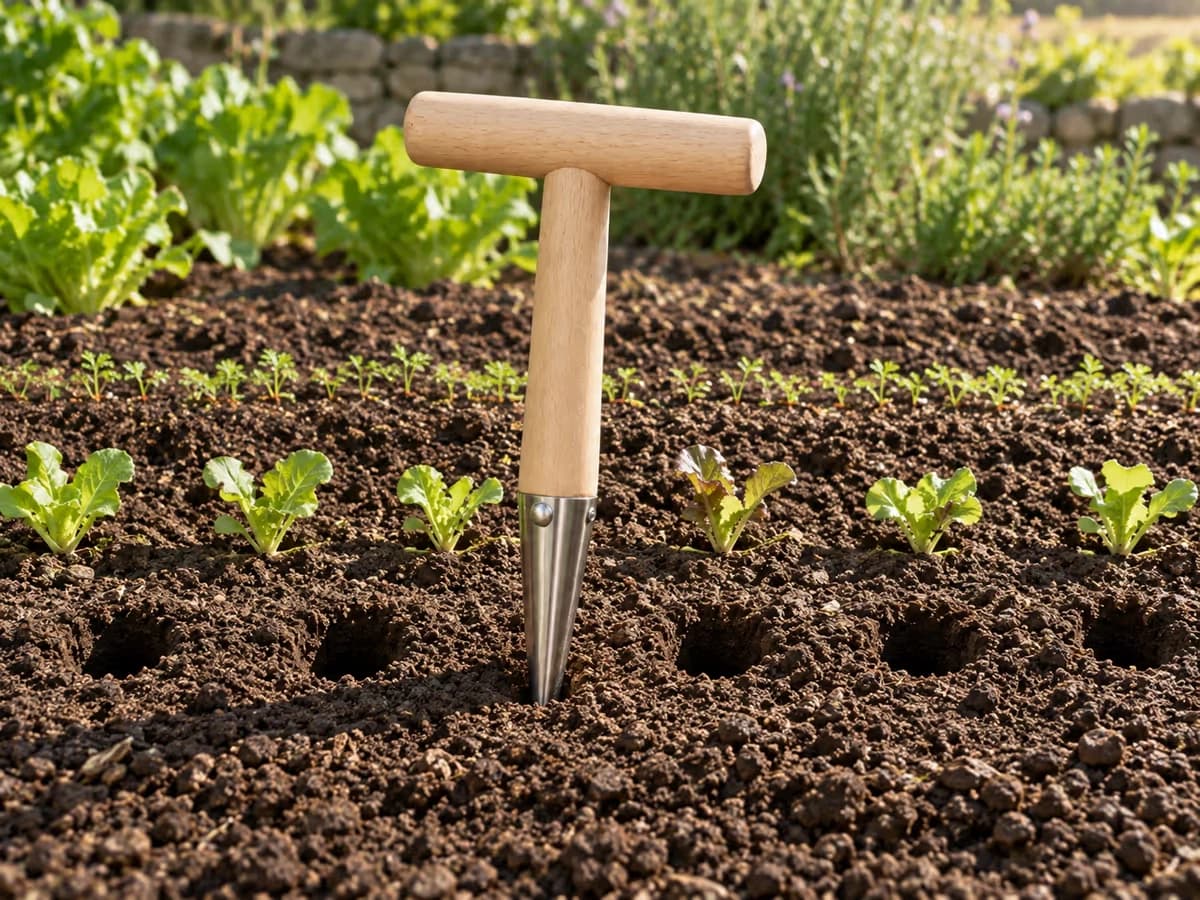 Plantoir à main à pointe en acier inoxydable enfoncé dans une planche de terre fine, trou ouvert à la verticale devant un rang de semis