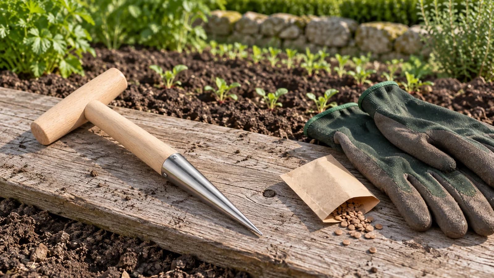 Plantoir à main à manche en bois posé à plat sur une planche de bois, à côté d'une paire de gants de jardinage et d'un sachet de graines