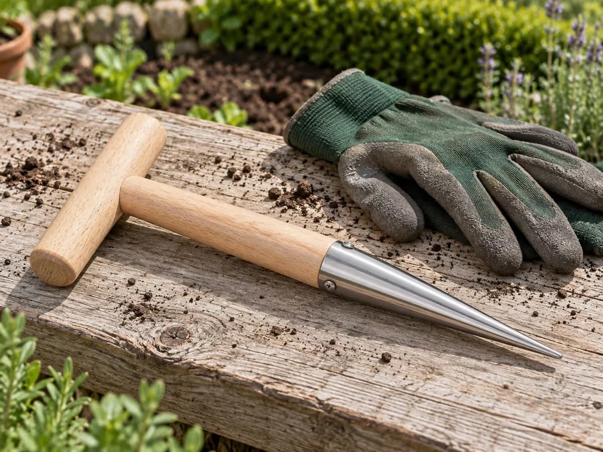 Traverse en bois clair d'un plantoir à main posée en travers d'une planche de bois, gants de jardinage à côté