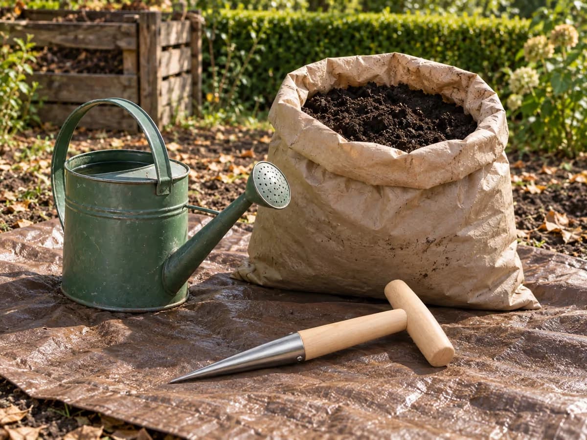 Sac de terreau entrouvert sur une bâche au jardin, petit arrosoir posé à côté et plantoir couché sur le côté