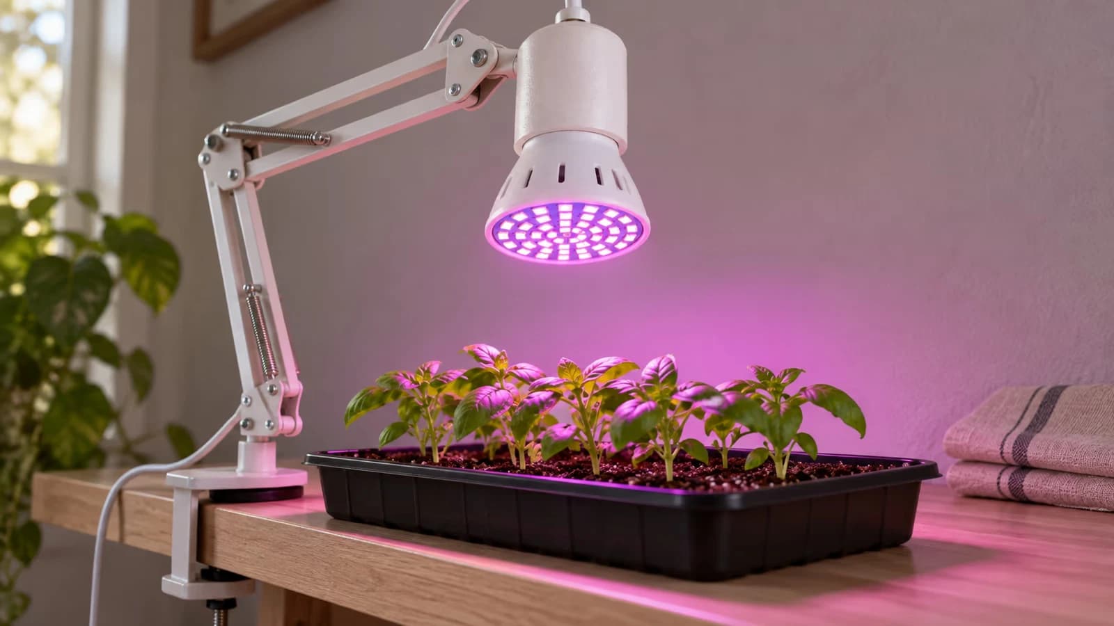 Ampoule horticole E27 à face plane vissée dans une lampe de bureau articulée, disque de diodes rose allumé au-dessus d'une barquette de semis