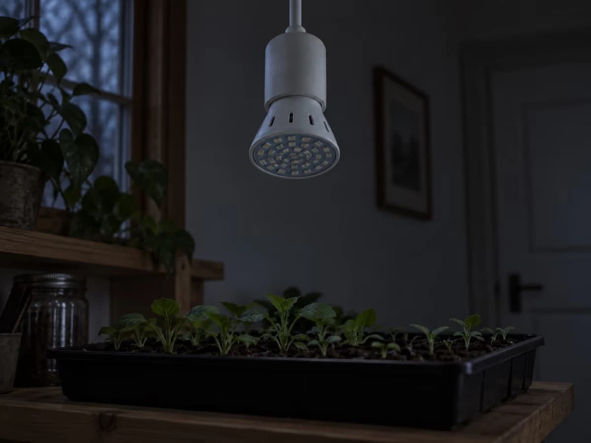 Barquette de jeunes plants sur une tablette, ampoule horticole éteinte au-dessus, pièce plongée dans la pénombre du soir