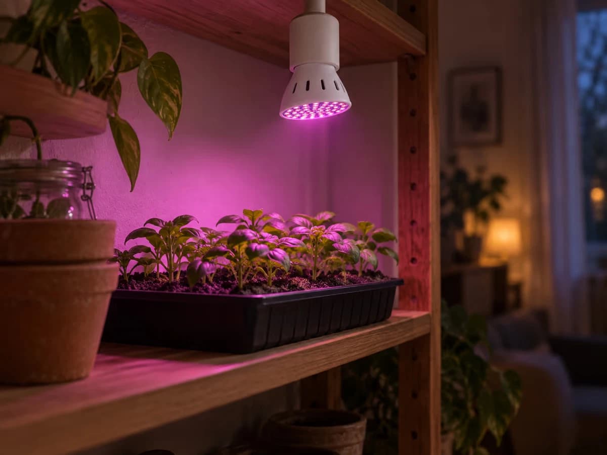 Ampoule horticole à disque de diodes roses inclinée vers une barquette de jeunes plants sur une étagère à hauteur de poitrine, pièce sombre autour