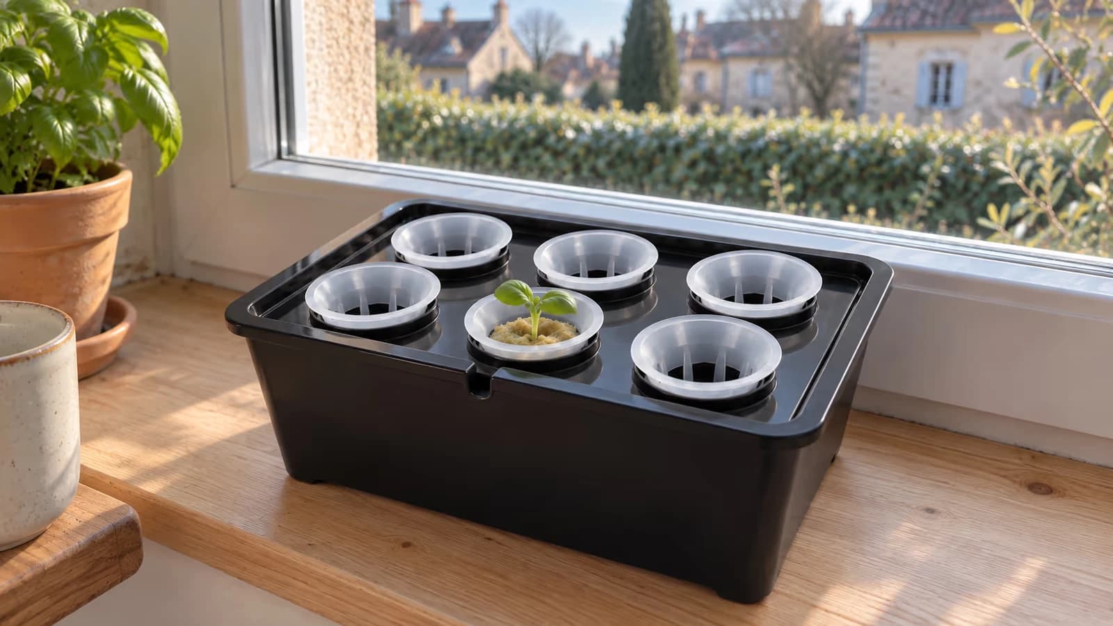 Bac de germination noir à couvercle sur un rebord de fenêtre, six paniers en maille translucide et une jeune plantule verte sous une lumière pâle
