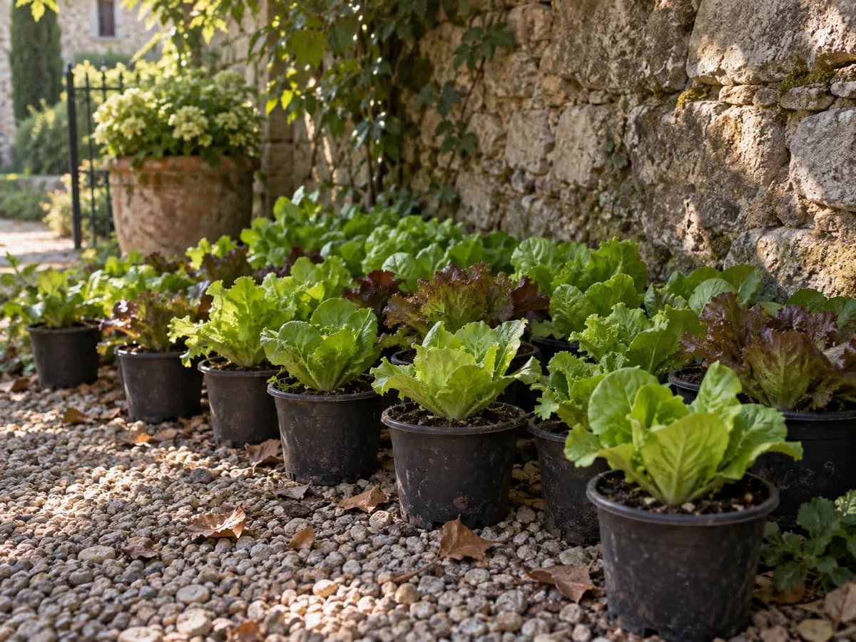 Godets de semis alignés dans un coin abrité et ombragé d'un jardinet, plants trapus de salade, mur de pierre et lumière douce de fin d'après-midi