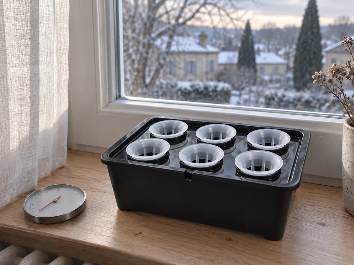 Thermomètre à aiguille posé près d'un bac noir sur un rebord de fenêtre, rideau clair et lumière froide de matin d'hiver
