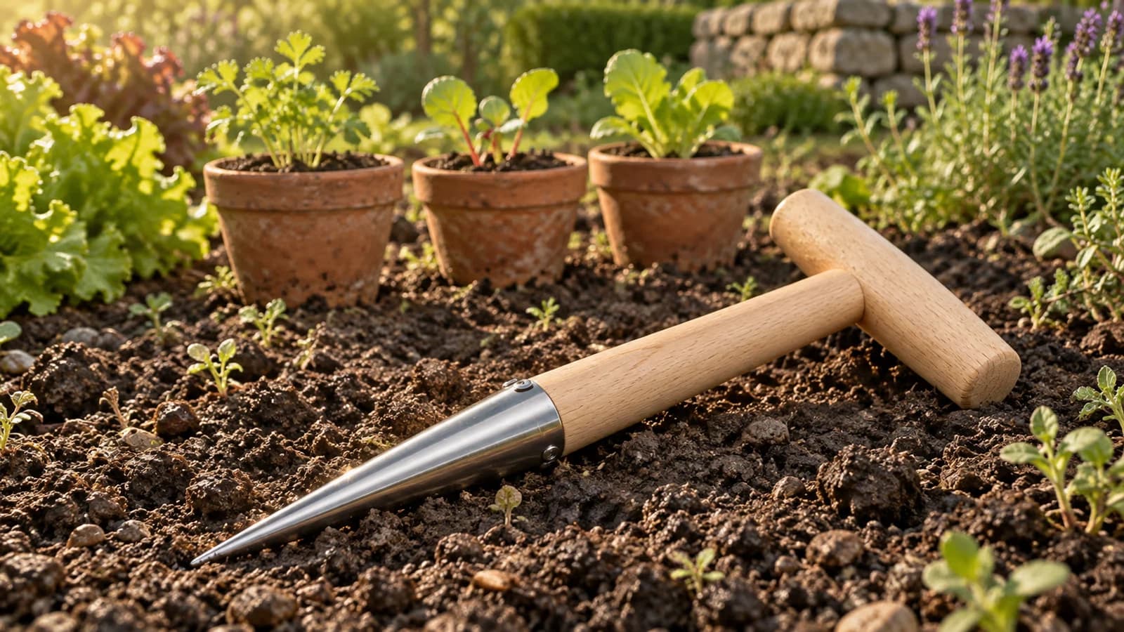 Plantoir à main couché sur une planche de terre émiettée, trois godets de semis alignés derrière, lumière du matin