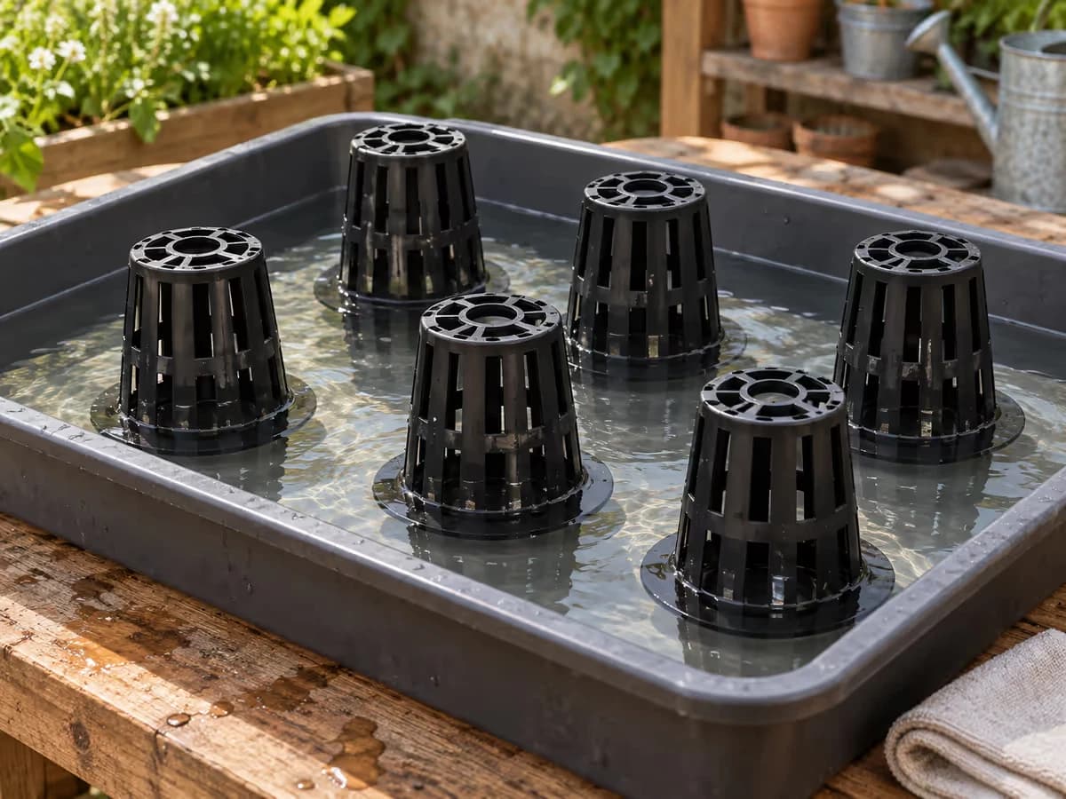Paniers de culture en maille immergés dans un bac d'eau claire posé sur un établi