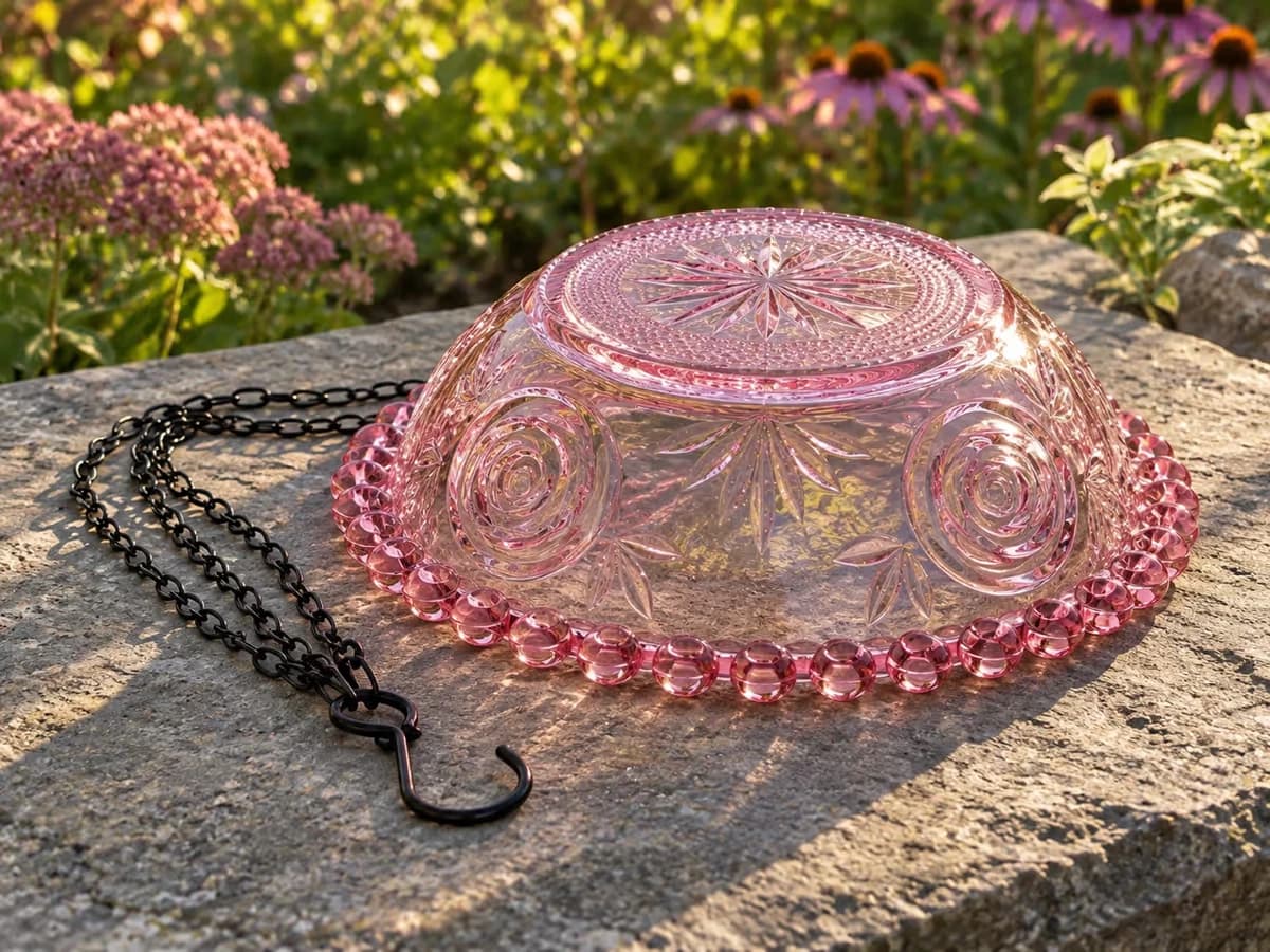 Coupelle translucide décrochée et posée à l'envers sur une pierre plate, fond sec et bord festonné net, lumière de fin d'après-midi