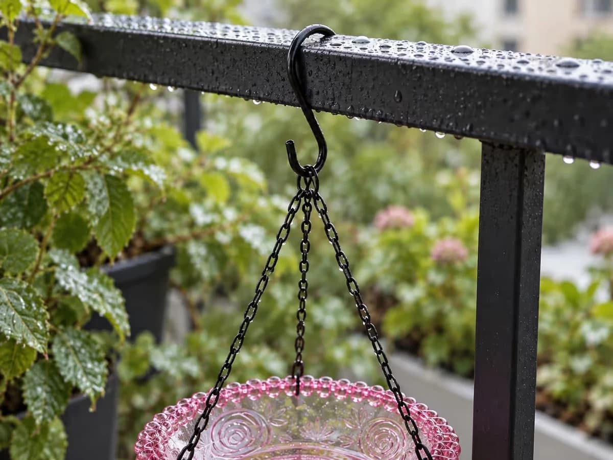 Gros plan sur un crochet ouvert posé sur le bras d'une rambarde, anneau des trois chaînes juste sous le crochet, métal légèrement mouillé