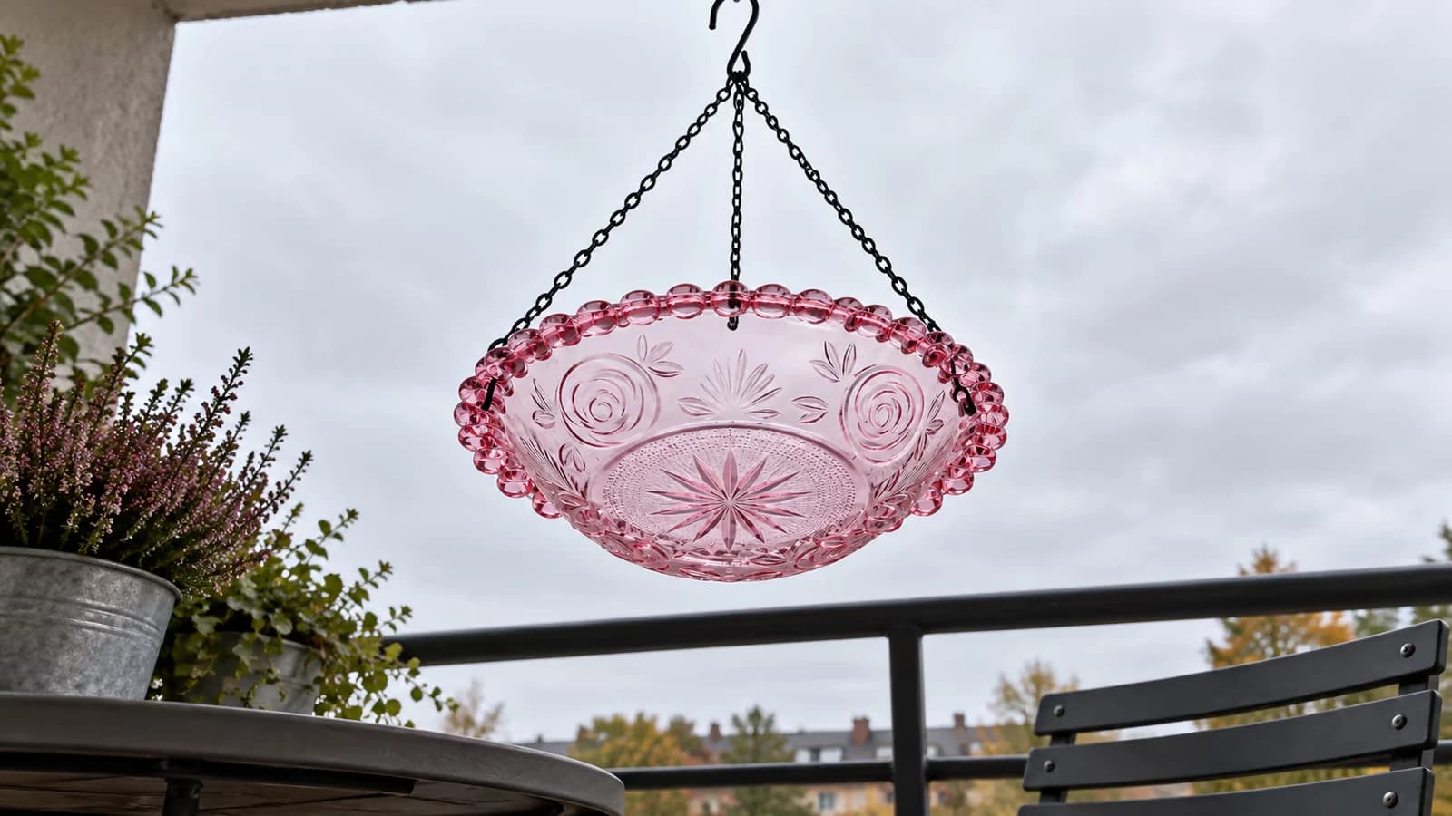 Coupelle translucide suspendue par trois chaînes fines au-dessus d'une table de balcon, vue de dessous, ciel gris et rambarde en arrière-plan