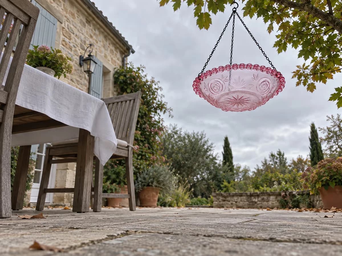 Vue depuis le sol d'une terrasse : table dressée à gauche, coupelle translucide suspendue à droite au-dessus d'une zone vide, dalles et pied de chaise