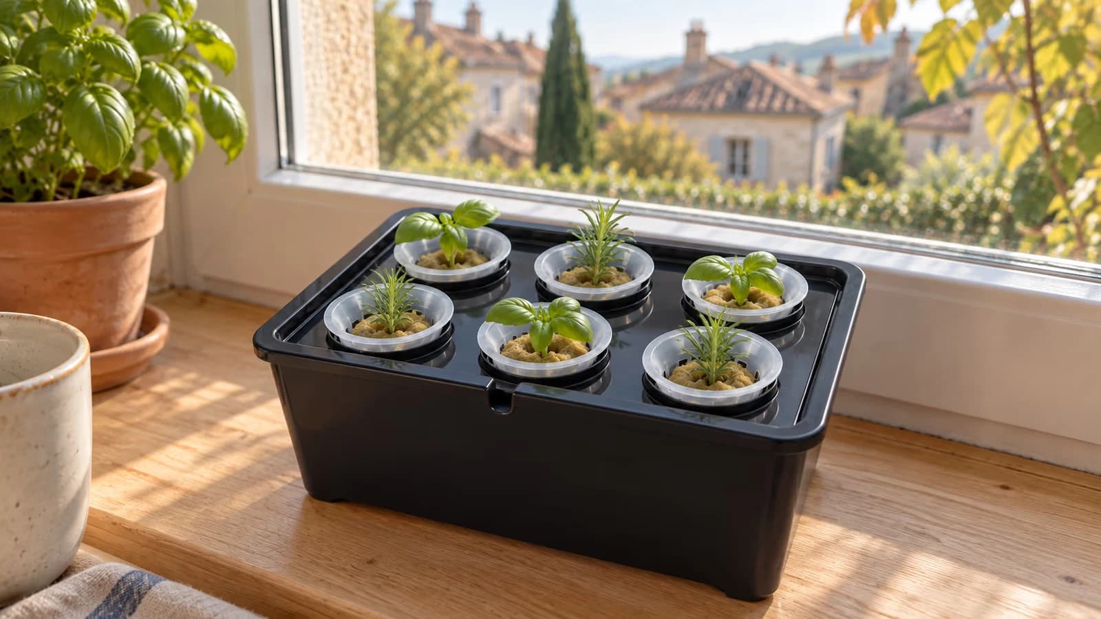Six jeunes pousses dans les paniers d'un bac de germination hydroponique posé sur un rebord de fenêtre