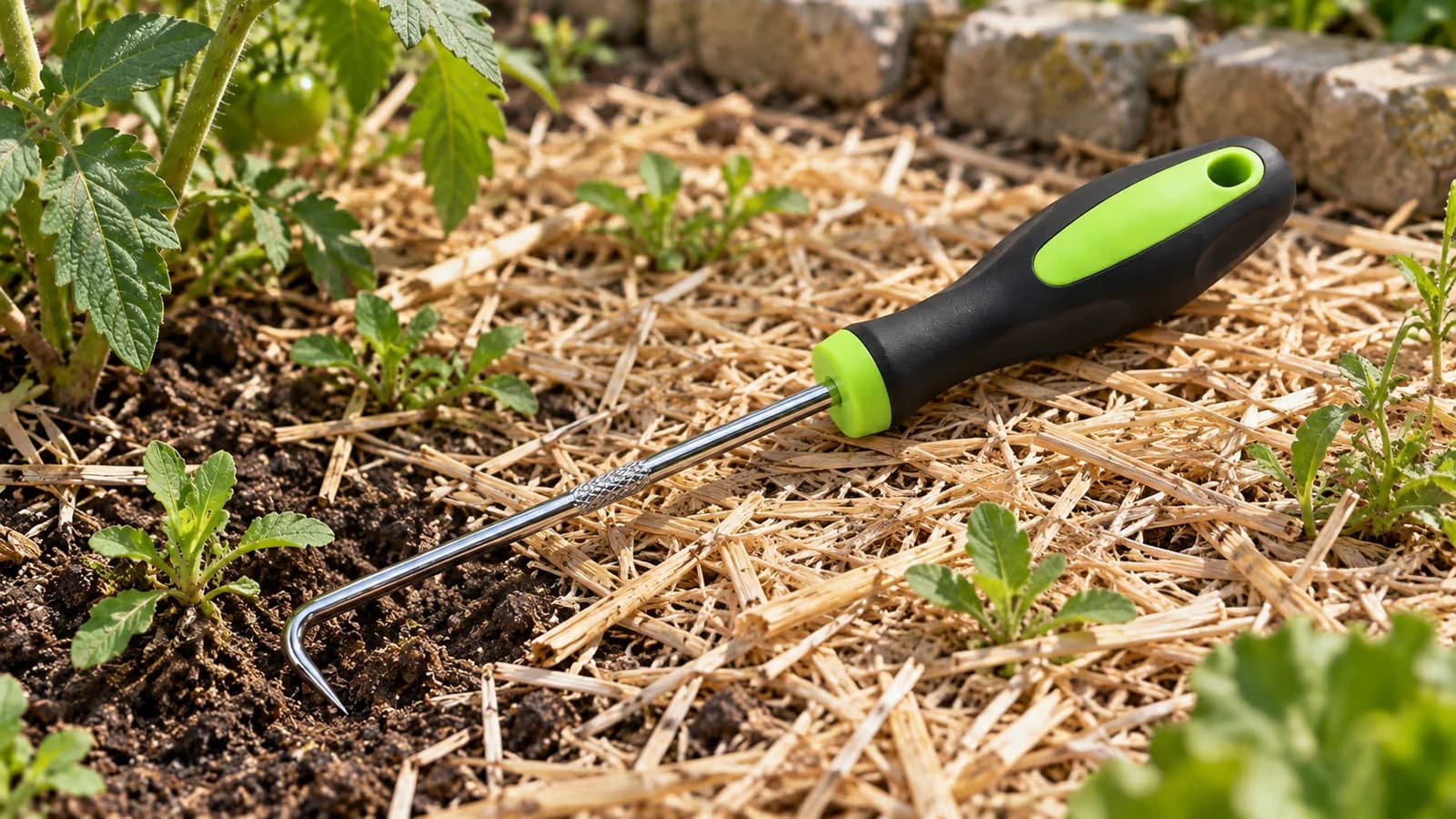 Crochet extracteur de racines posé à plat sur une planche de potager paillée, pointe tournée vers la terre