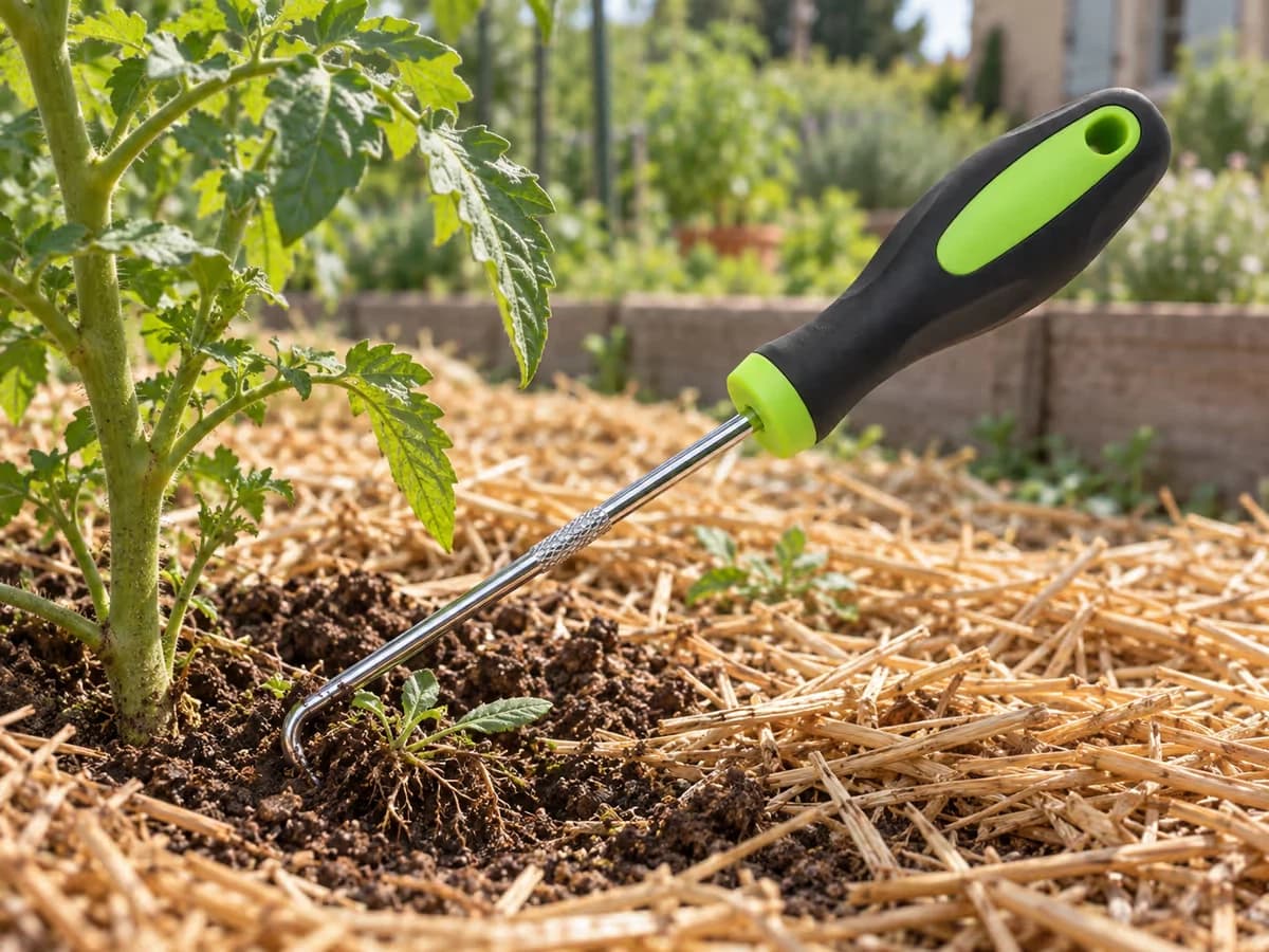 Crochet extracteur de racines engagé au pied d'un plant de tomate, dans une terre meuble couverte de paille