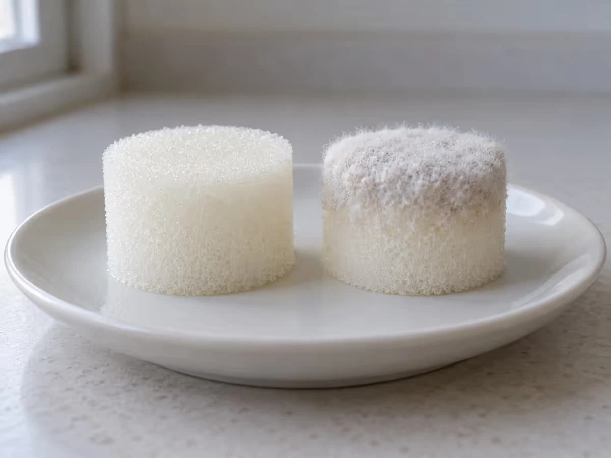 Deux éponges de culture côte à côte sur une soucoupe claire, l'une nette et humide, l'autre couverte d'un fin duvet blanc
