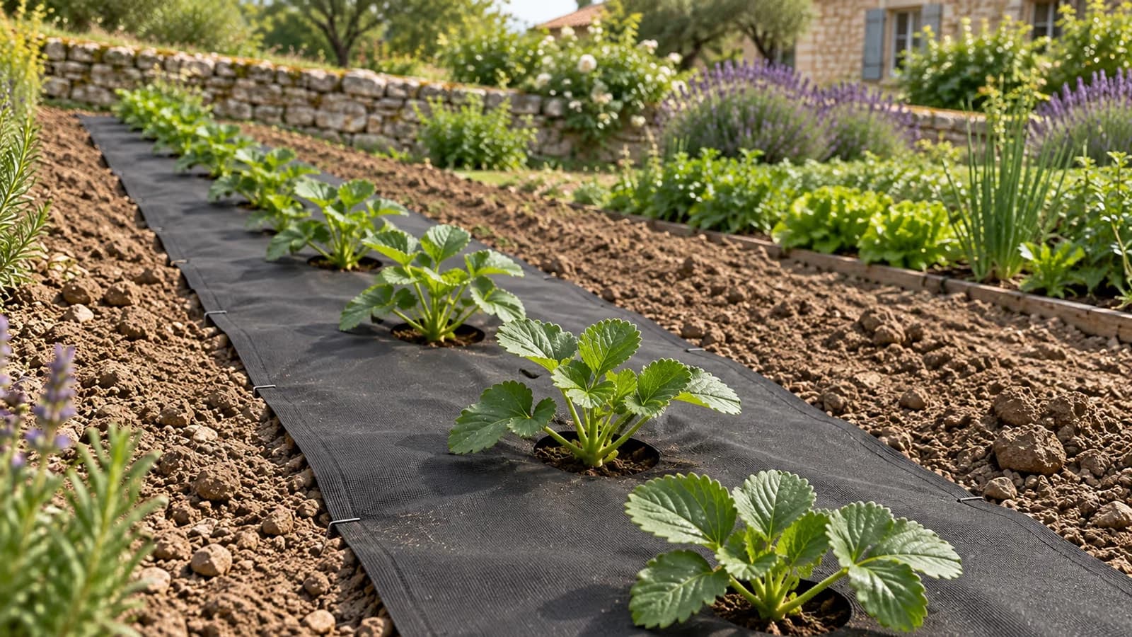 Bande de toile de paillage perforée noire déroulée sur un rang de fraisiers, plants alignés dans les trous, bordures maintenues par des agrafes de paysager