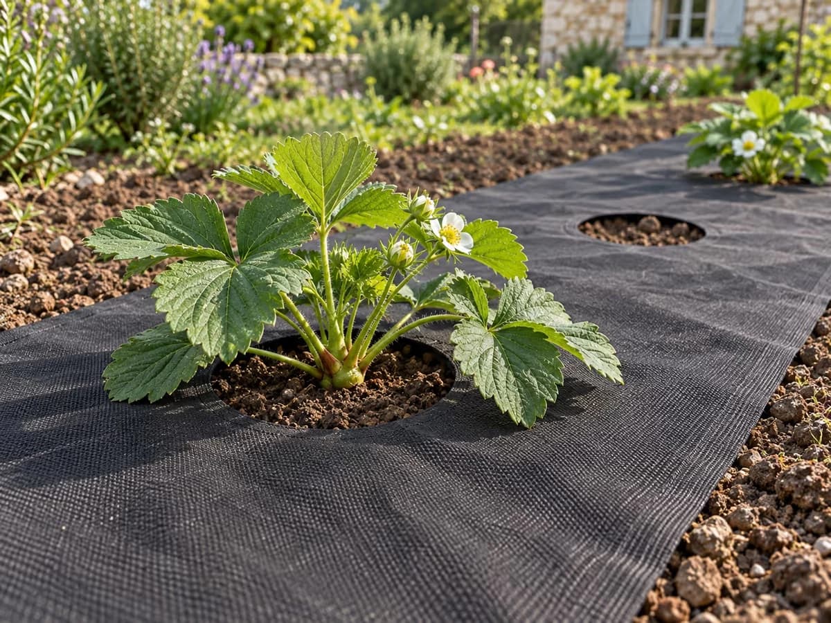 Collet d'un plant de fraisier dégagé au centre d'un trou de plantation, terre humide visible dans l'ouverture, toile noire à plat tout autour