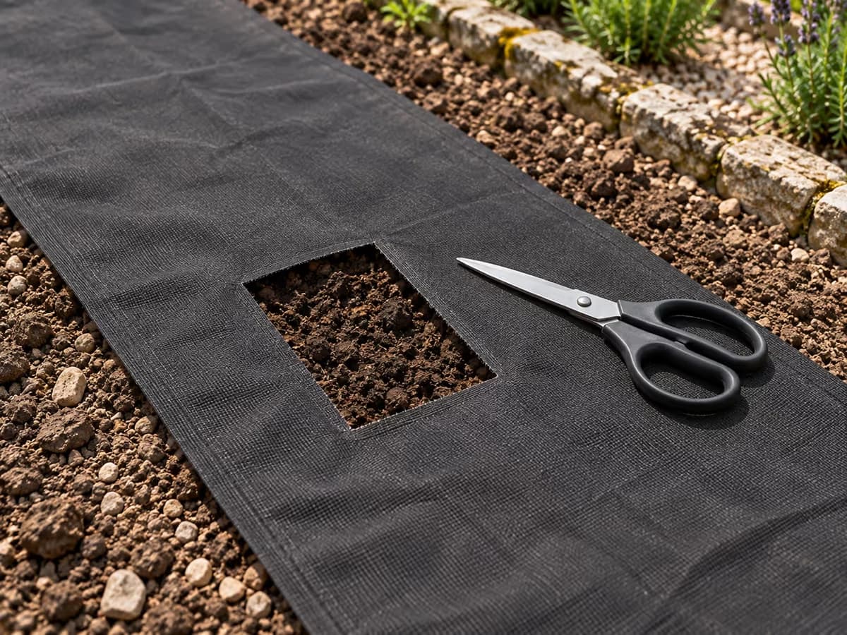 Ouverture rectangulaire fraîchement coupée au ciseau dans une toile de paillage noire tendue sur un sol nu de potager, ciseaux posés à plat sur le textile