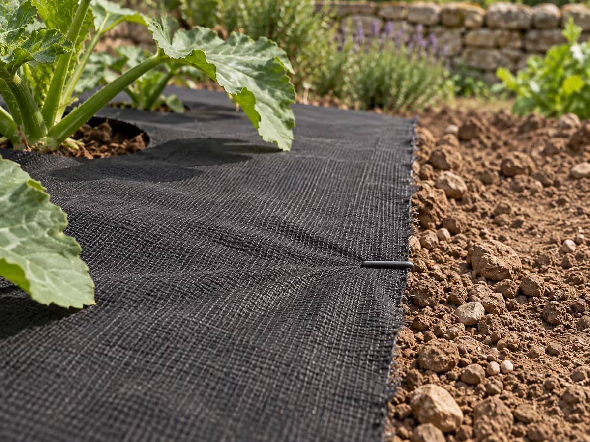 Gros plan sur une agrafe de paysager plantée à ras dans le bord d'une toile de paillage noire, terre sèche et gravier en bordure de rang